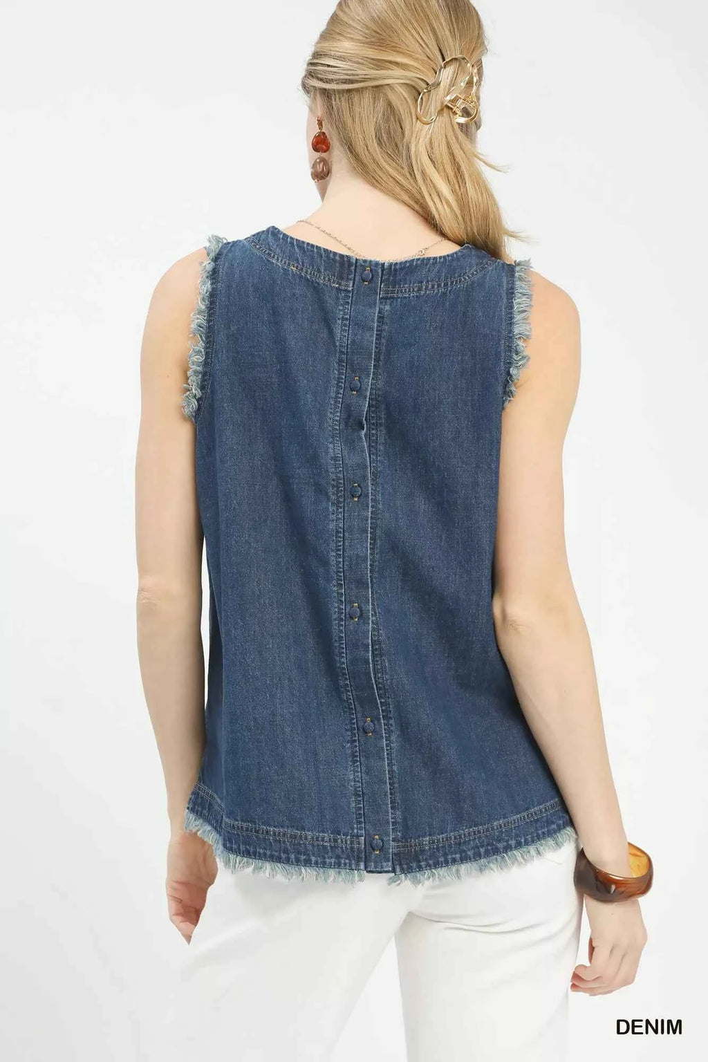 Umgee Denim Top Blue Sleeveless Fringe Hem Blouse c1c17437-43e6-446b-ba8a-e360816d7595-Max-Origin Trendsi