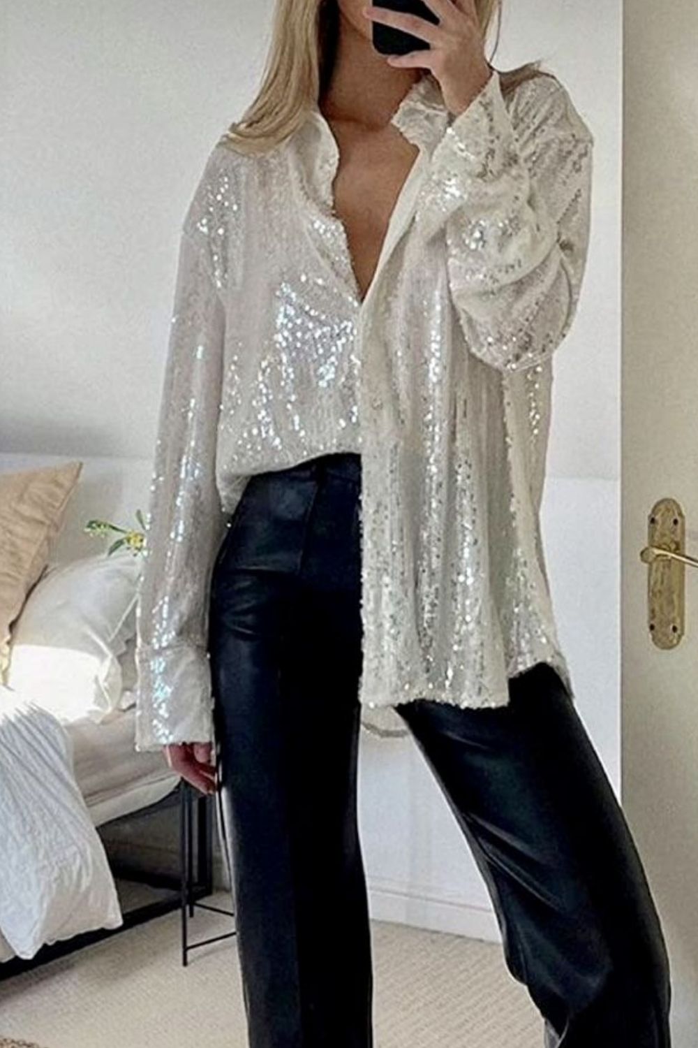 Women's Sequin Shirt Button Up Long Sleeve Sheer Fashionable Blouse Cream c1c4f86f-7fa9-401c-bf35-879b18d154df-Max Trendsi
