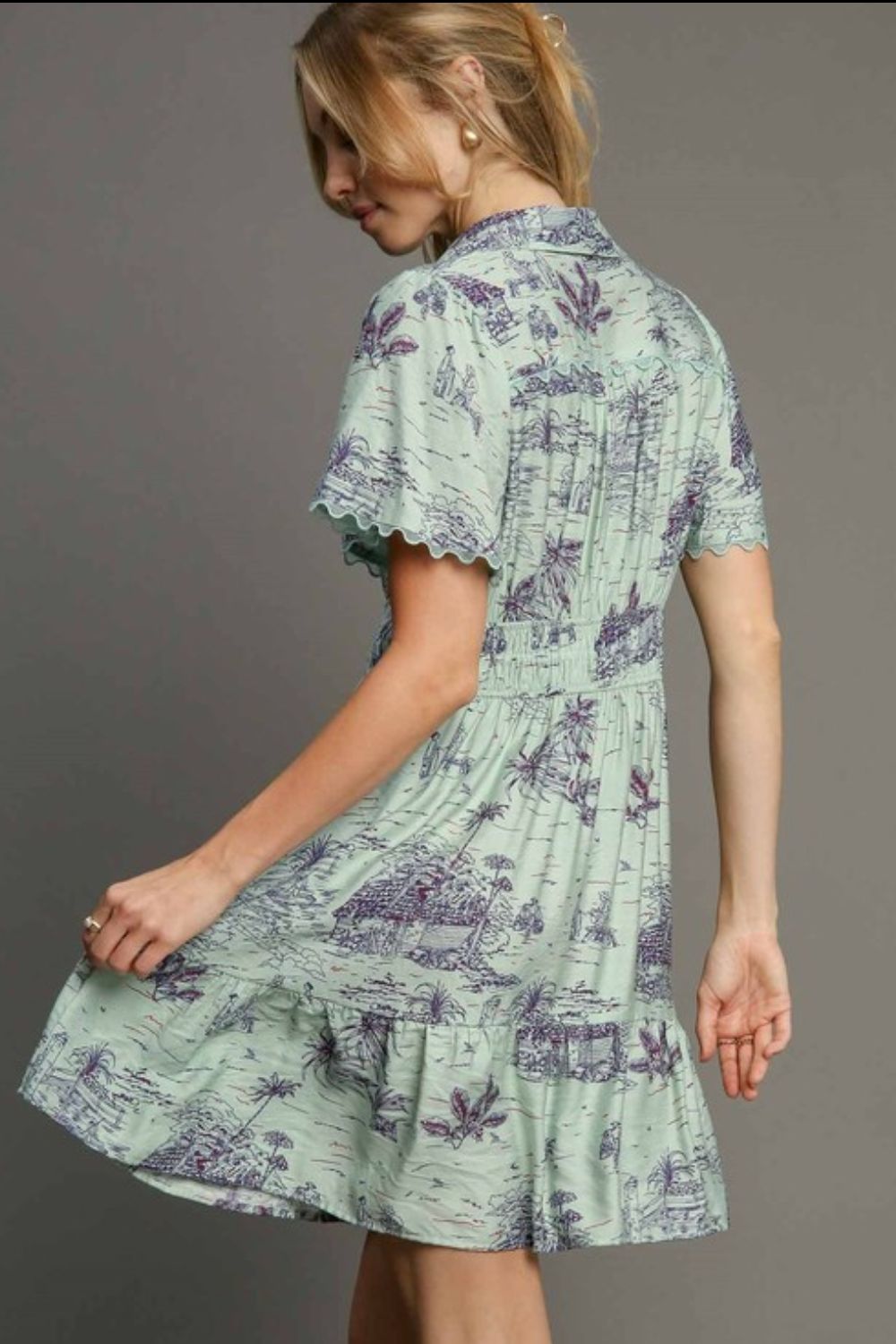 Umgee Mini Dress Landscape Print Lace Light Green Collared Short Sleeve c1c5ae16-86ba-4f8a-9a5b-770a491fadf5-Max Trendsi