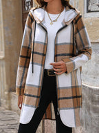 Hooded Plaid Coat Drawstring Hood Zip Up Long Sleeve Outerwear c1d5479c-1def-4935-b835-08424f398cea-Max Trendsi