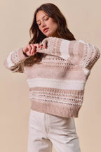 SO ME Womens Sweater Taupe Variegated Stripe Openwor Textured Loose Fit c1dacfbd7a844946b5163d32138c3a3b-Max-Origin Trendsi
