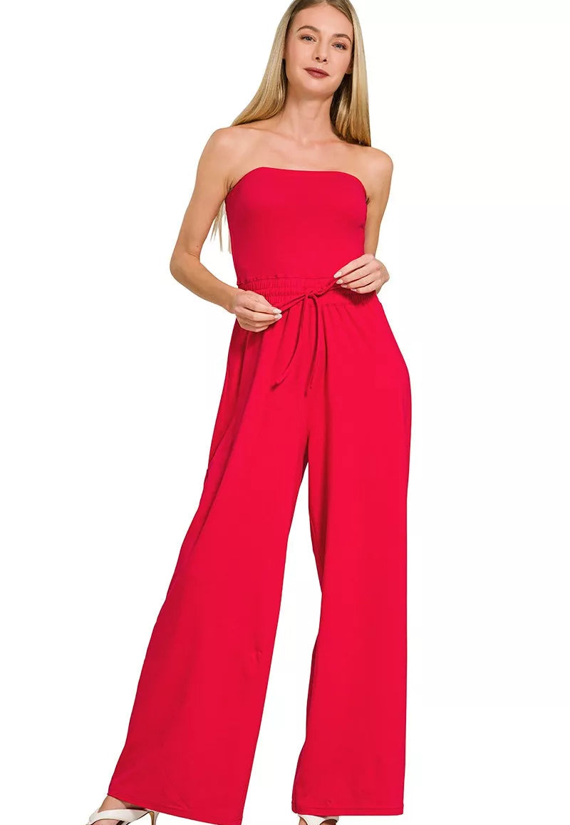 Zenana Jumpsuit Red Tube Top with Drawstring Waist Strapless RUBY c1ea1567280d486c8e024c9988b3eb46-Max-Origin Trendsi