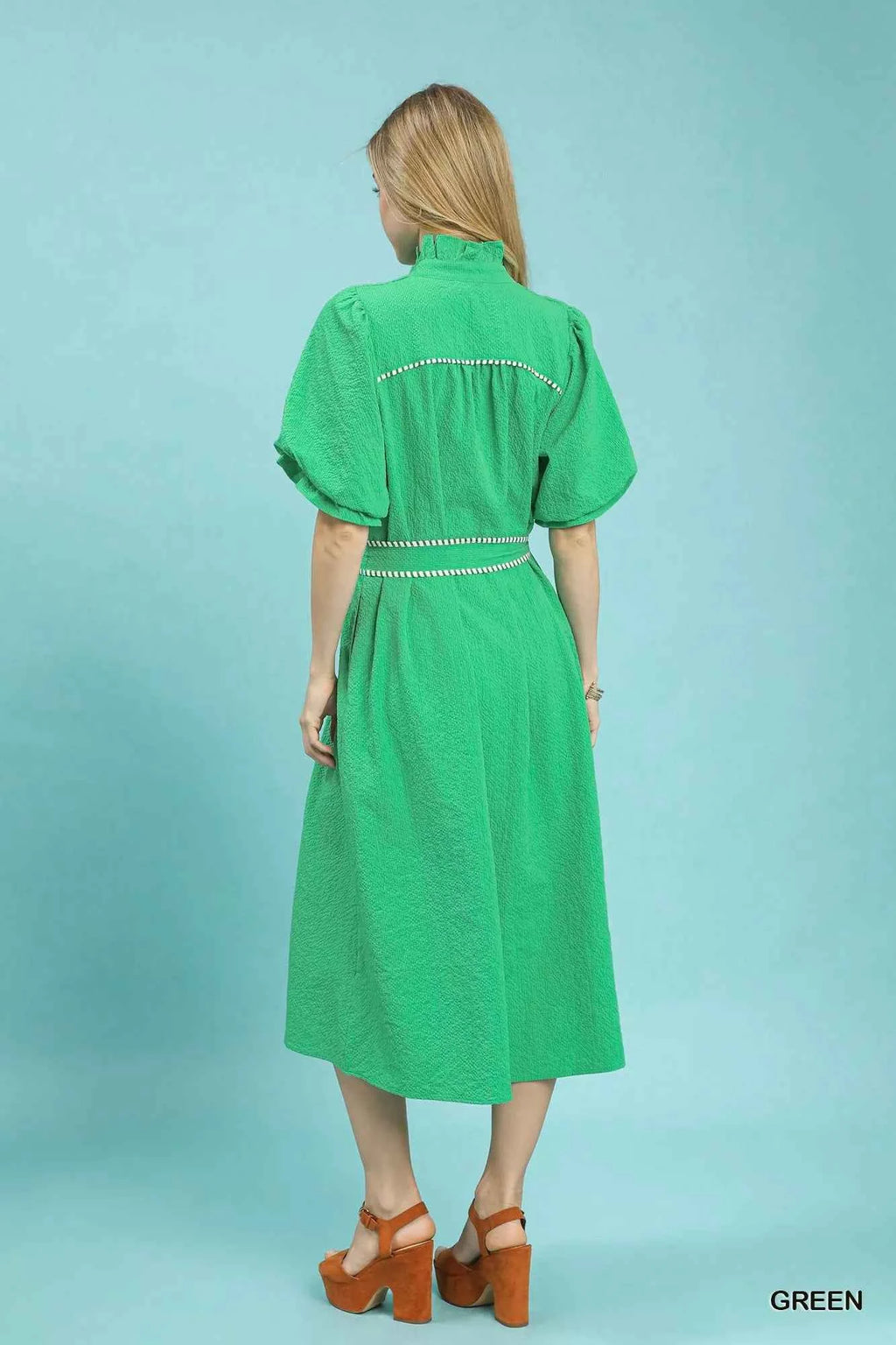 Umgee Midi Dress Green Ruffle Collar Belted with Stripe Trim Short Sleeve c1ec8812-ea5b-4d9a-b759-f07f6b8f06df-Max-Origin Trendsi