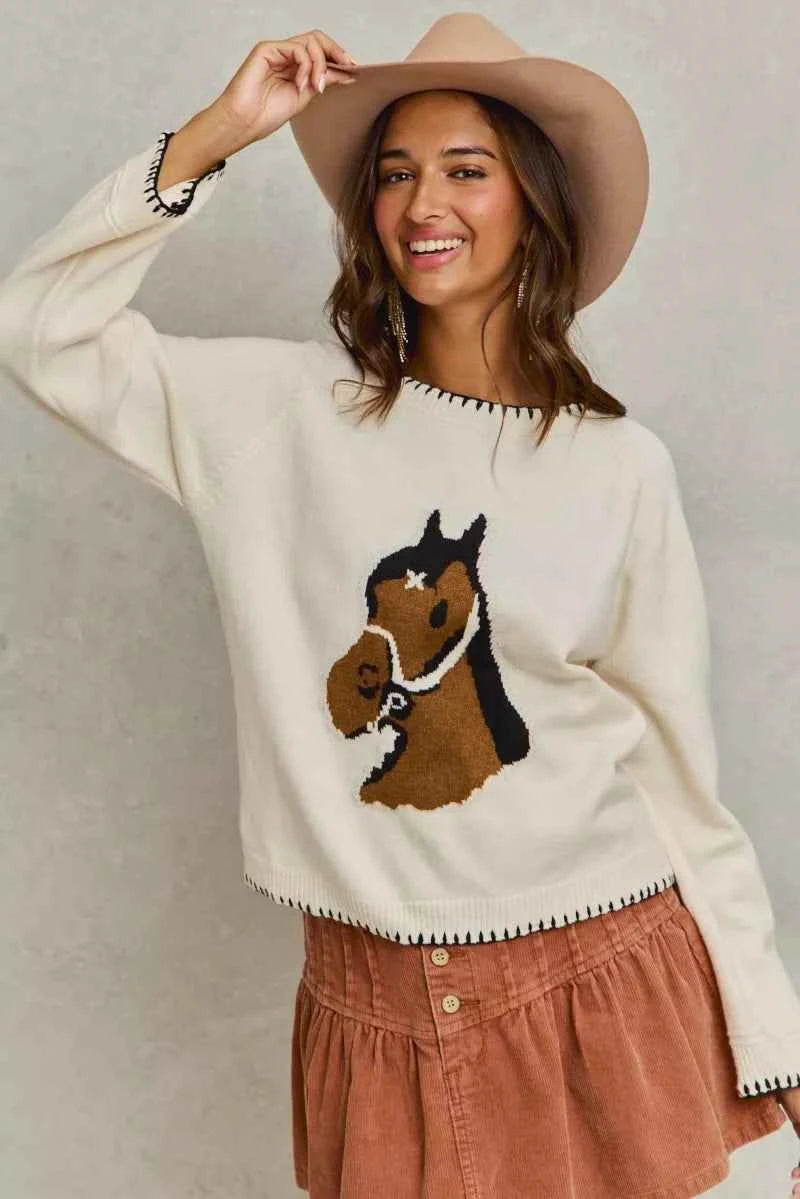 SO ME Horse Sweater Top Ivory Knit with Blanket Stitch Long Sleeve c1f21c5d58f2493b8b7c12d028ff7382-Max-Origin Trendsi