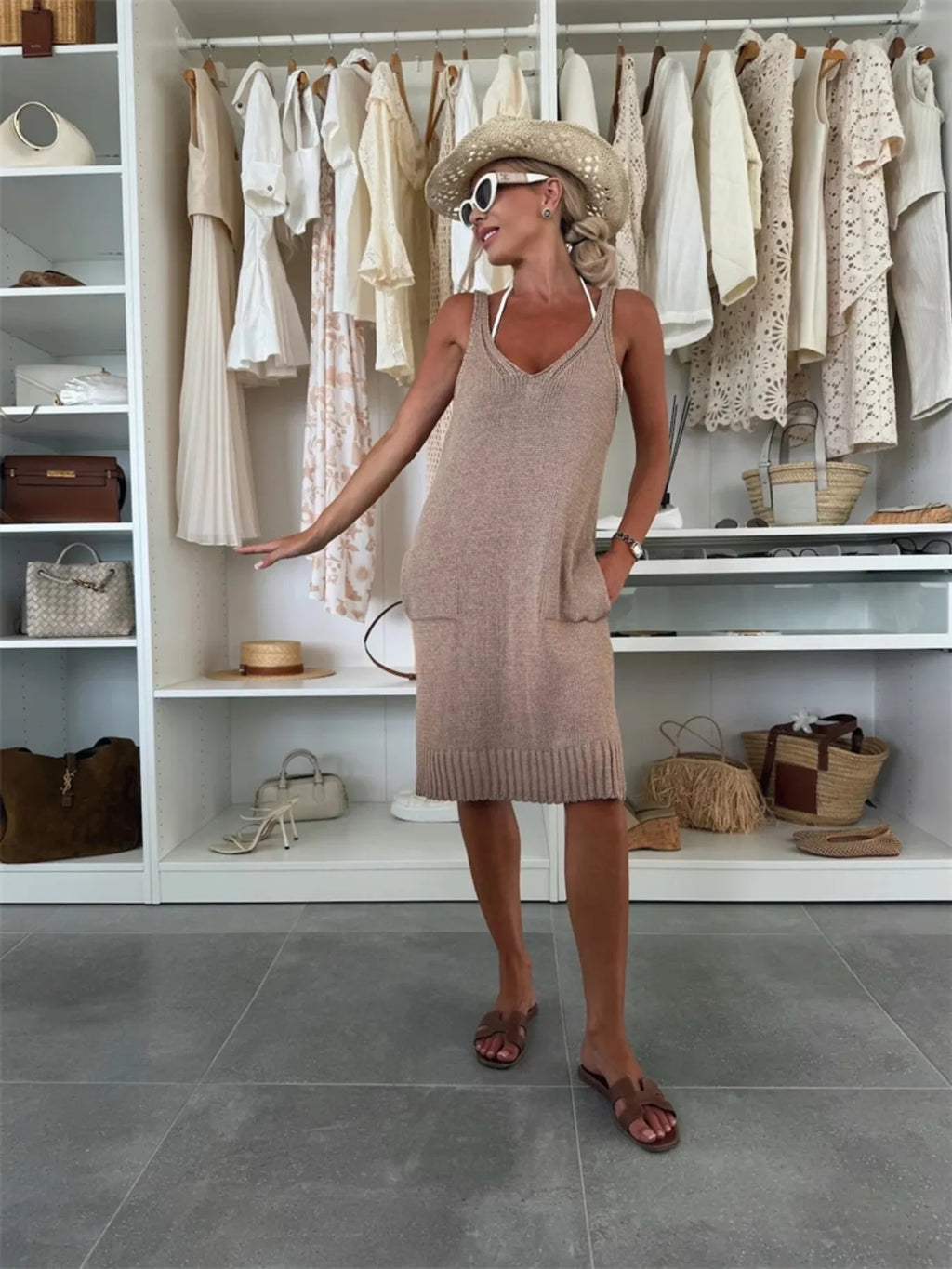 Midi Knit Dress Ribbed Hem V-Neck Sleeveless Lightweight Pocketed c202afc91a3b4f12a364c11fe8de7b51-Max-Origin Trendsi