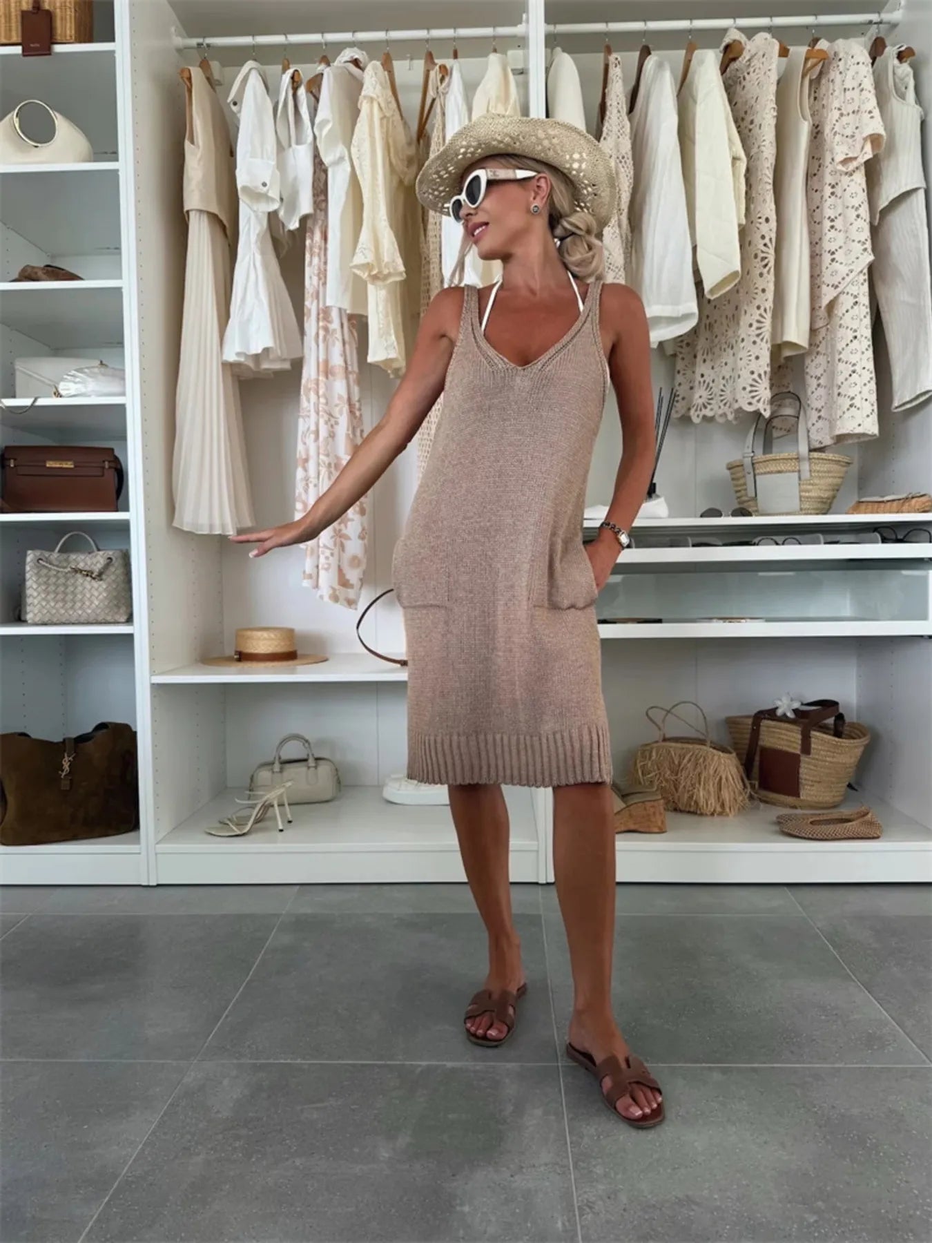 Midi Knit Dress Ribbed Hem V-Neck Sleeveless Lightweight Pocketed c202afc91a3b4f12a364c11fe8de7b51-Max-Origin Trendsi