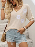 Women's Knit T-shirt Daisy Flower Embroidered V-Neck Half Sleeve c203f837-bfa6-44cf-82f2-22a79441dd98-Max-Origin Trendsi