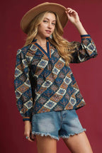 Umgee Women's Blouse Navy Floral Mix Abstract Print Ruffle Neck Top c2080e1e-2a64-4353-9e94-7bb946463b75-Max-Origin Trendsi