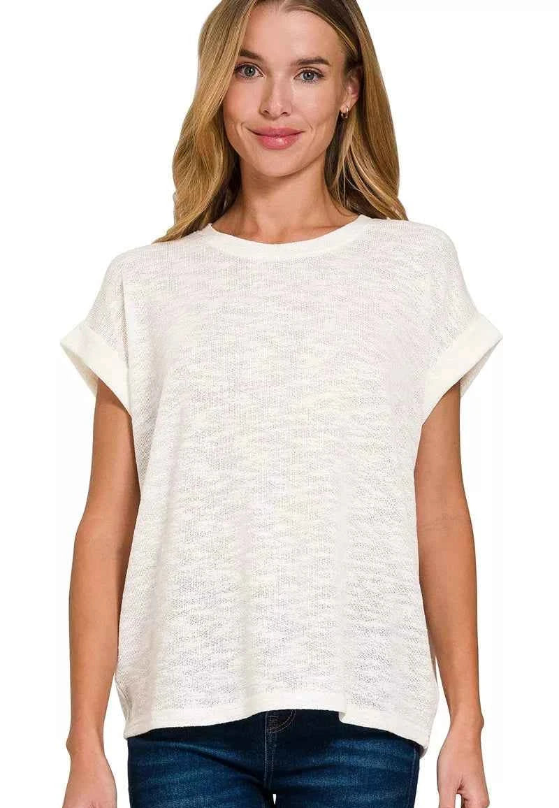 Zenana Women T-shirt Ivory Hacci Slub Rolled Up Short Sleeve Top Tee IVORY c20f490b7c2341439a4c0a1841d5ea09-Max-Origin Trendsi