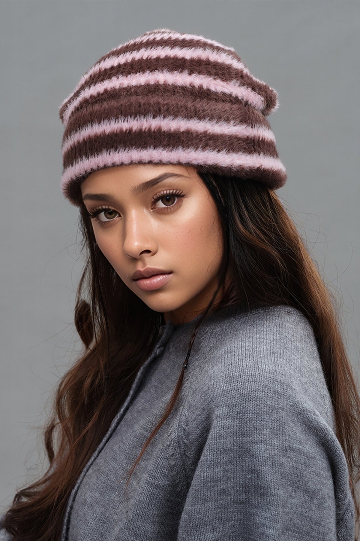 Fuzzy Hat Women Thermal Contrast Striped Soft Warm Beanies