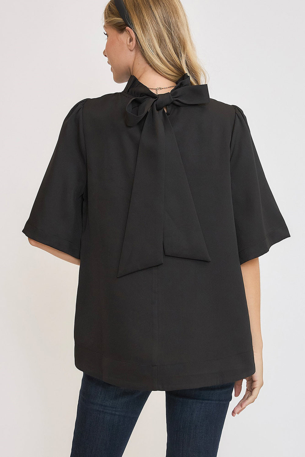 Umgee Black Women Blouse Bow Tie Back Mock Neck Half Sleeve Ruffled Top c2241b46-8459-4293-adb5-1921858eef4e-Max Trendsi