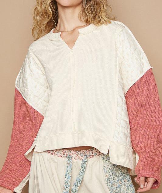 POL Waffle-Knit Top Cream multicolor Contrast Long Sleeve Oversized Slit