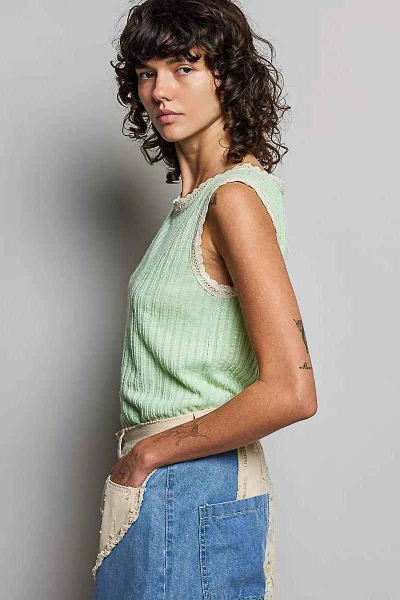 POL Ribbed Round Neck Tank with Lace Trim