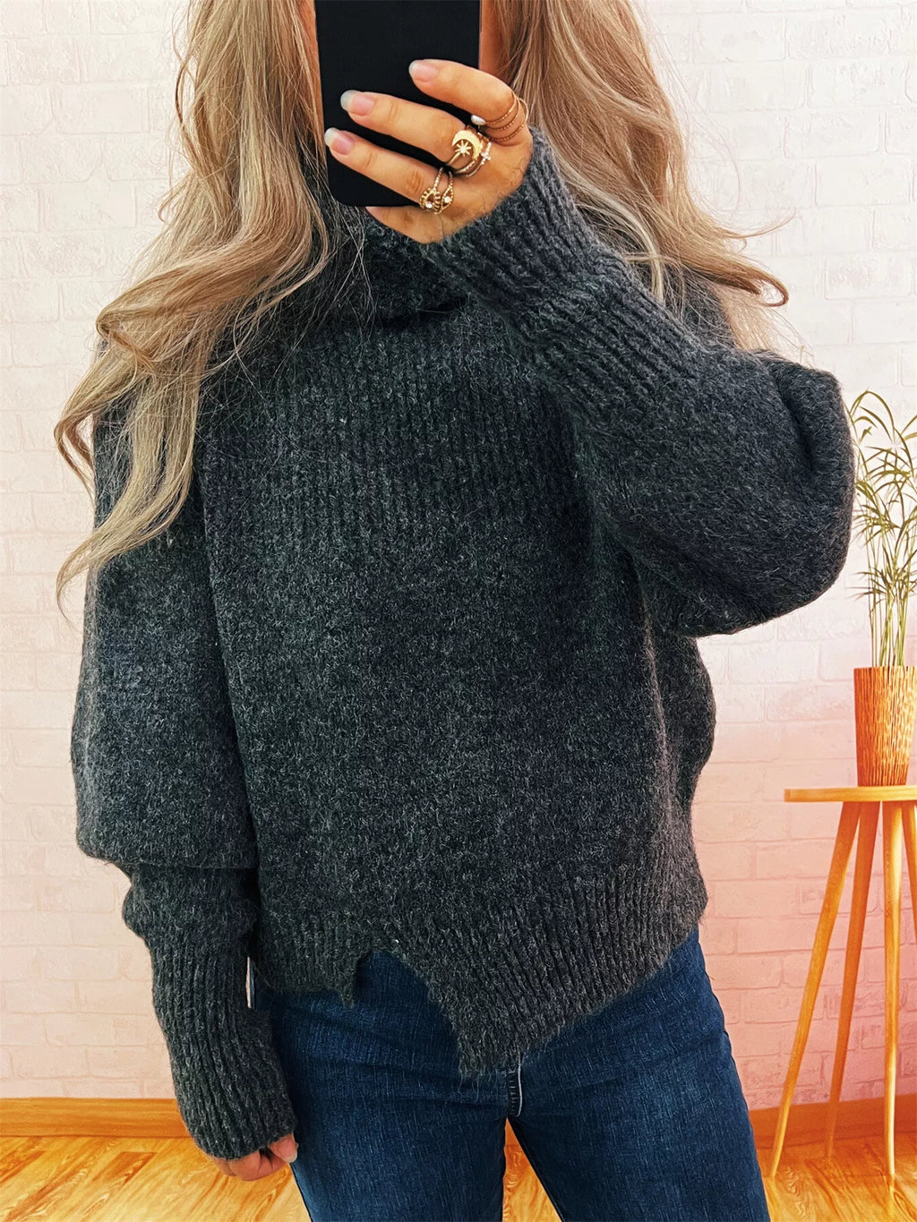 Women's Sweater Ribbed Knit Turtleneck Long Sleeve Pullover c22ed8b8e00c480bb071925d470f6644-Max-Origin Trendsi
