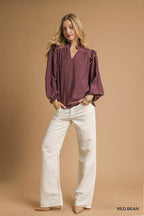 Umgee Womens Blouse Ruffle Shoulder Long Sleeve Red Bean Top c2310cd8-a8f1-4ad7-9763-33227429f25d-Max-Origin Trendsi