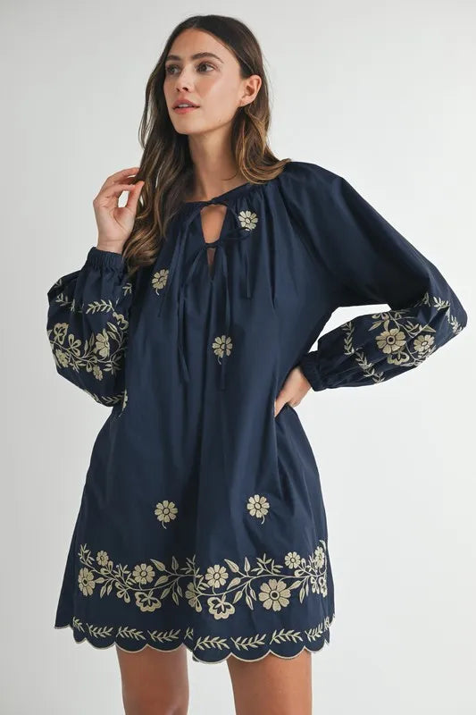 MABLE Mini Dress Navy Floral Embroidered Long Sleeve Peasant Tied c2316602cba14ecdb818ee799cbd6aa3-Max-Origin Trendsi
