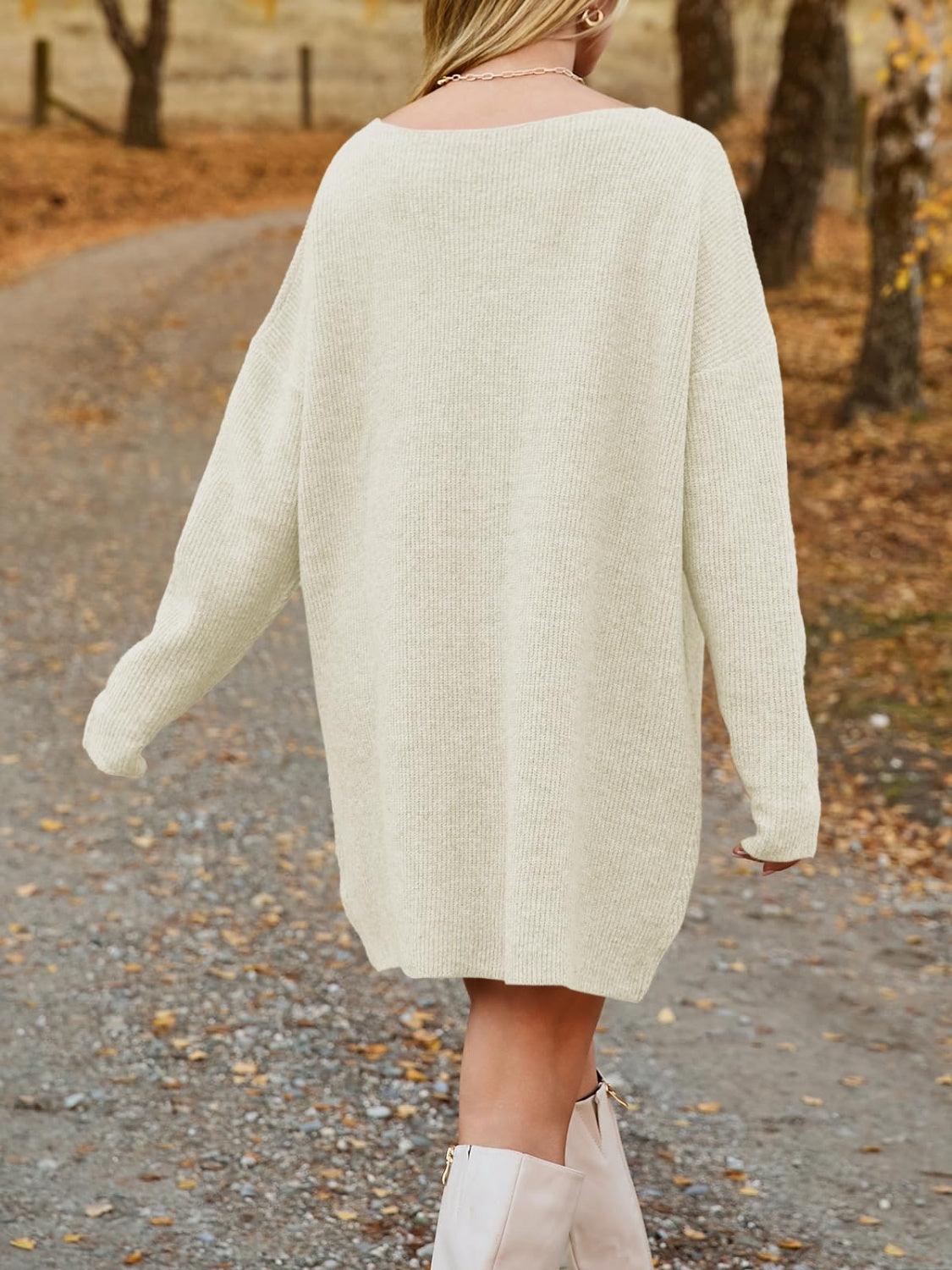 V-Neck Sweater Knit Dress Oversized Dropped Shoulder Sweater Dress c237b87d-19d2-40fe-8b90-c387eed717e0-Max Trendsi