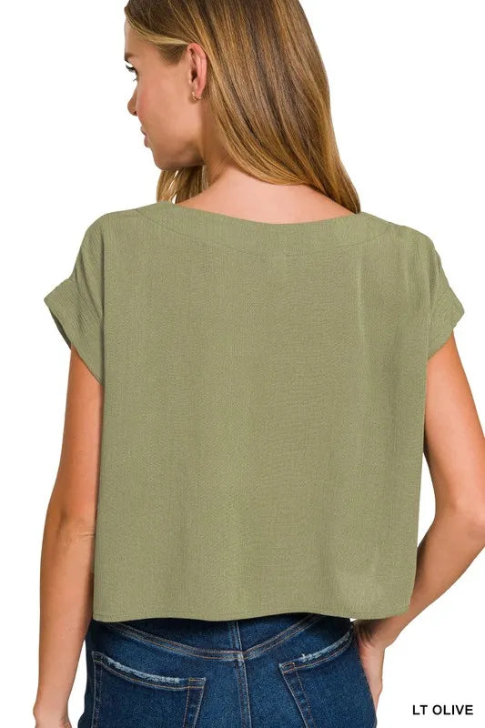 Zenana Crop Tee and Skirt Set Woven Crinkle Gauze Light Olive Two-piece c2400aef13114342947da3c416a45d00-Max-Origin Trendsi