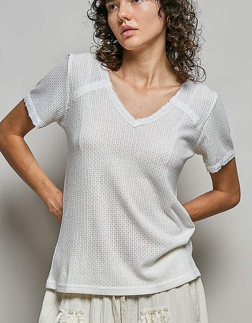 POL Lace Detail V-Neck Short Sleeve Textured T-Shirt