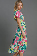 Umgee Midi Dress Plus Size Tiered Floral Print with Puff Short Sleeves Mint Mix c24e4198-a670-4f06-b161-c2634823ff7e-Min Trendsi