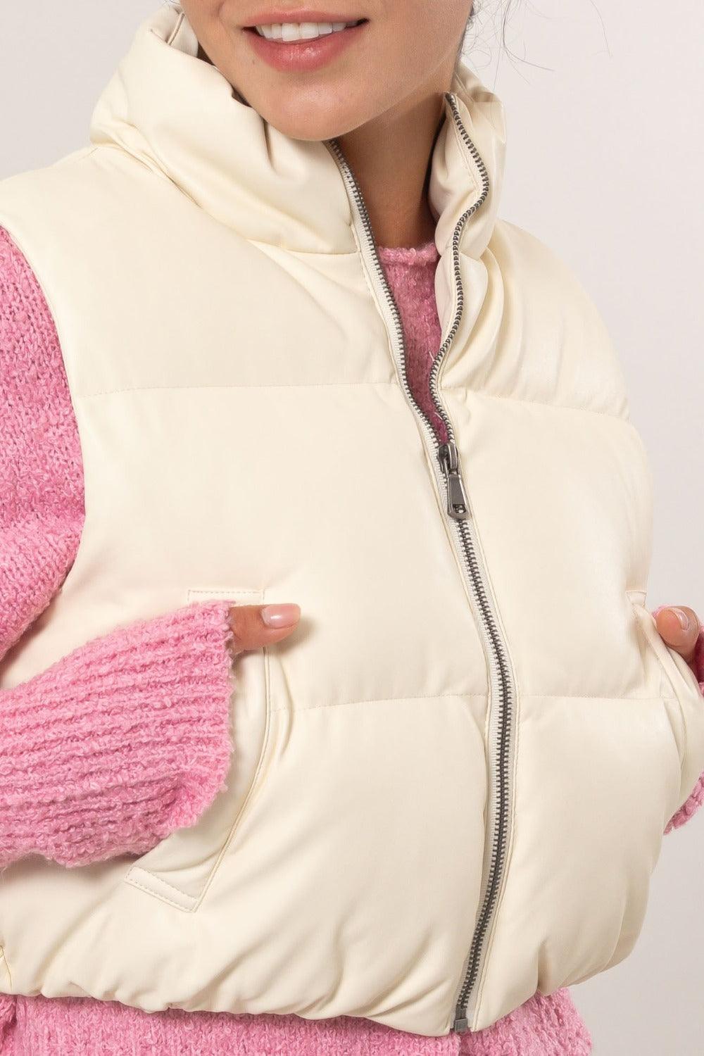 Solid Quilted Vest HYFVE Pocketed Sleeveless Coat c25157b0-3501-4ccb-94d3-16e872eaf49e-Max Trendsi