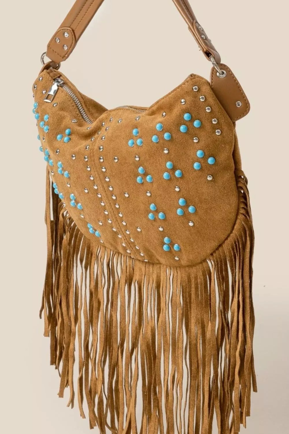 Fame Accessories Hobo Shoulder Bag Brown Studded Pattern Multi Fringe c256a07a-d12e-44f9-bf82-46762d6f68b5-Max-Origin Trendsi