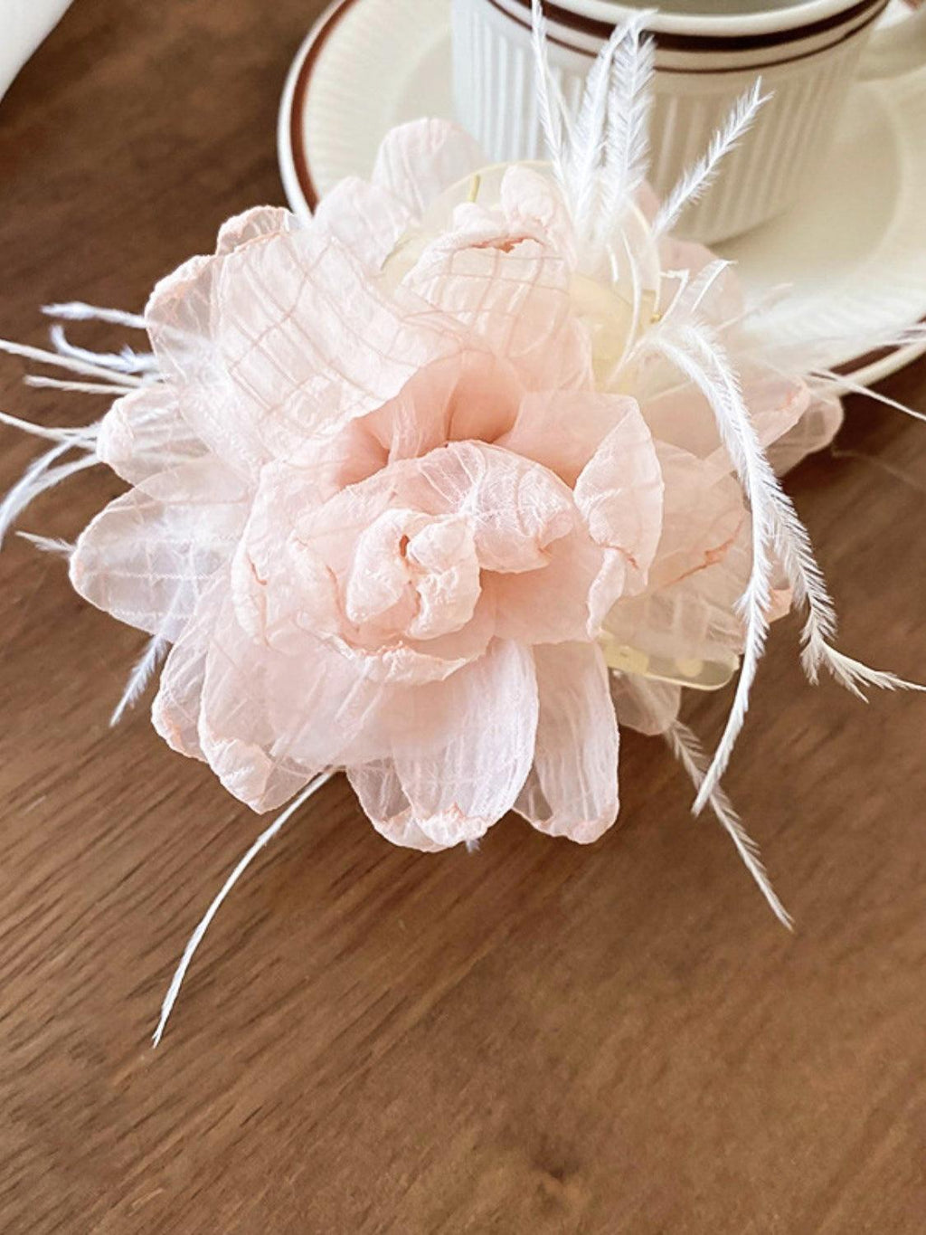 Hair Claw Clip Feather Trim Flower Shape Blush Pink One Size