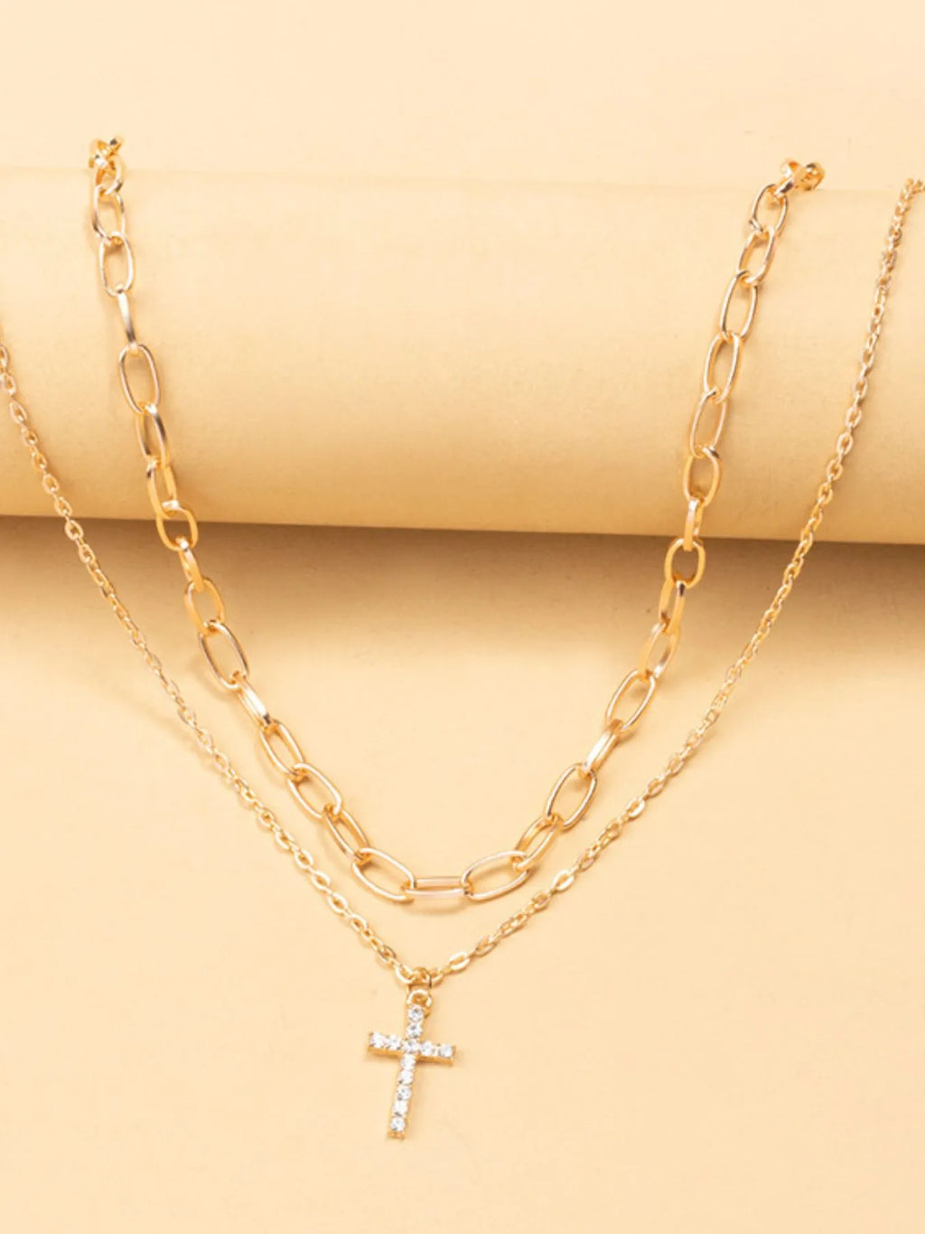 18K Gold-Plated Cross Pendant Necklace Double Layered Inlaid Zircon c25770d8-54da-479b-b915-bc617e16a5c4-Max-Origin Trendsi
