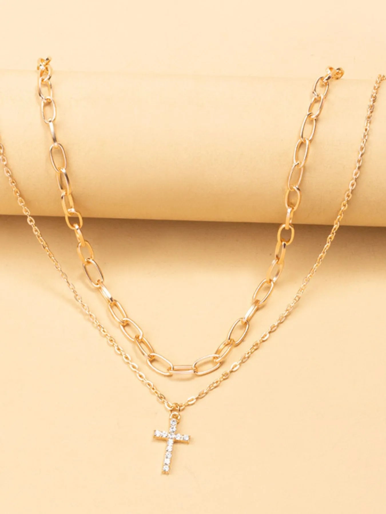 18K Gold-Plated Cross Pendant Necklace Double Layered Inlaid Zircon c25770d8-54da-479b-b915-bc617e16a5c4-Max-Origin Trendsi
