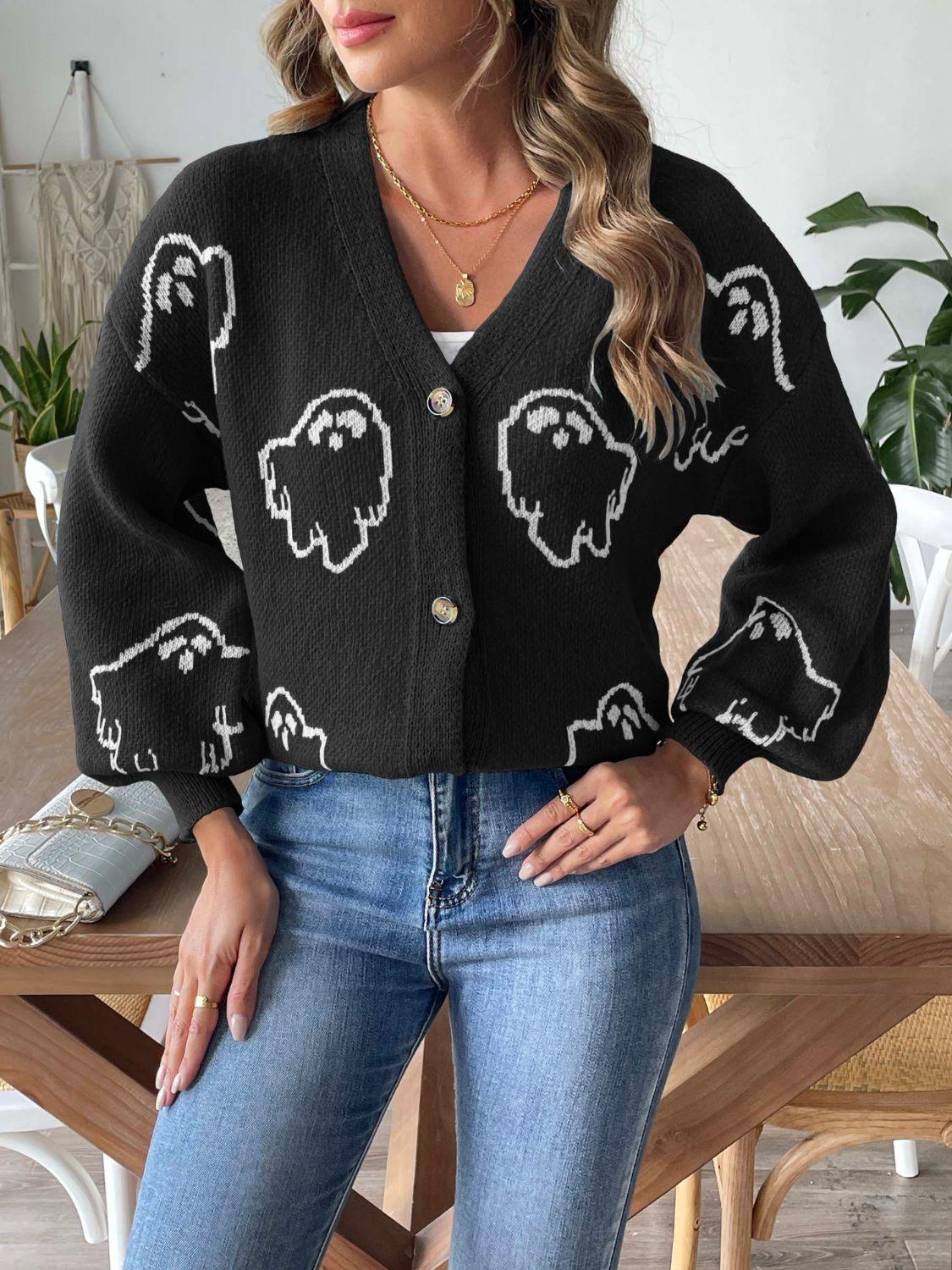 Knit Cardigan Animal Pattern V-Neck Dropped Shoulder Knitwear c2579dfb-2229-4d5d-9434-460486330d73-Max Trendsi