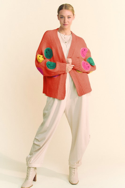 Davi & Dani Women Cardigan Fuzzy Smile Patch Rust Open Long Sleeve Sweater c2579efa-e51c-4894-ab6b-b2657c8ca666-Max Trendsi