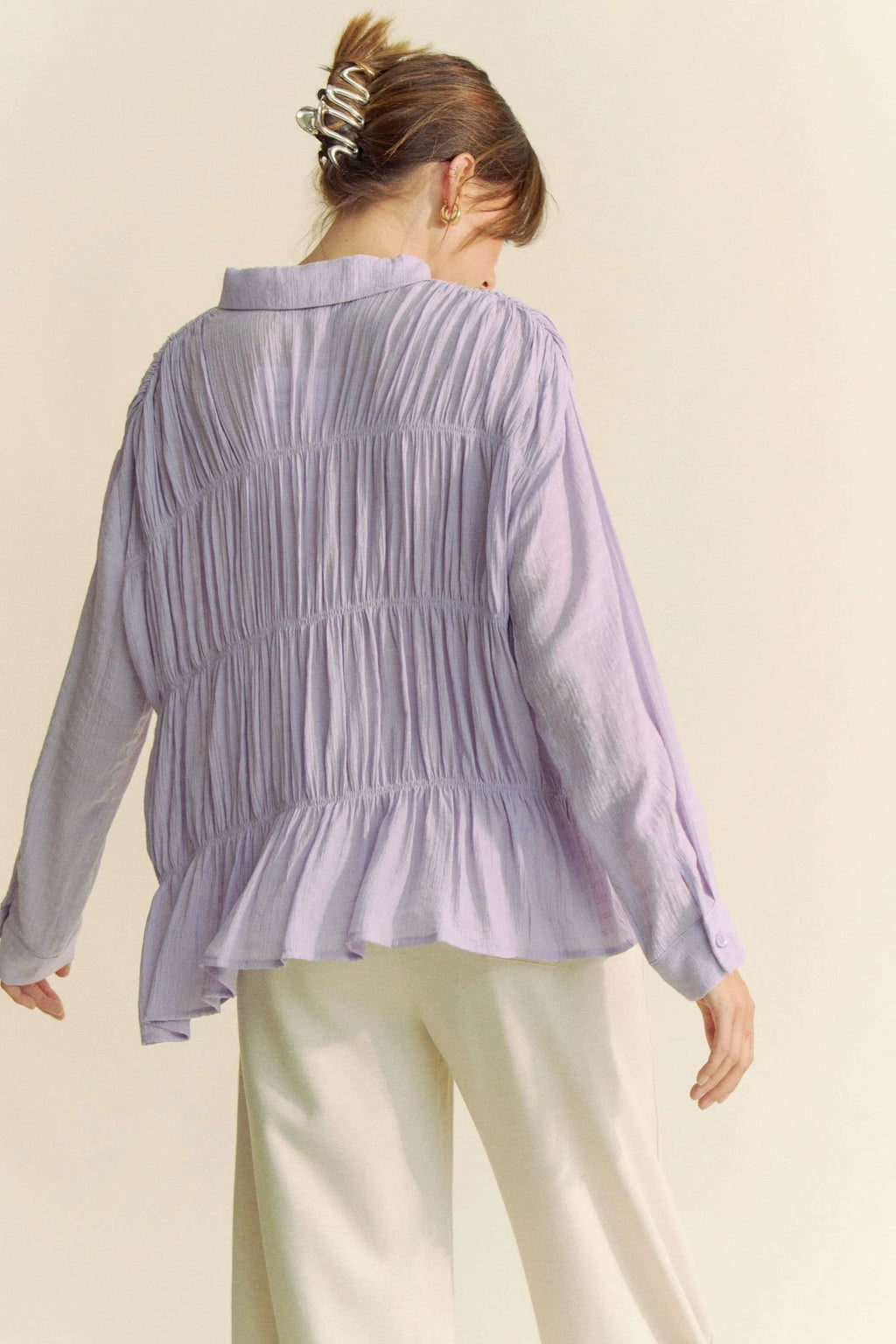 Davi & Dani Women's Shirt Ruched All Over Button Front Long Sleeve Top c257f86207ff44089e7269f0bd01b22f-Max-Origin Trendsi