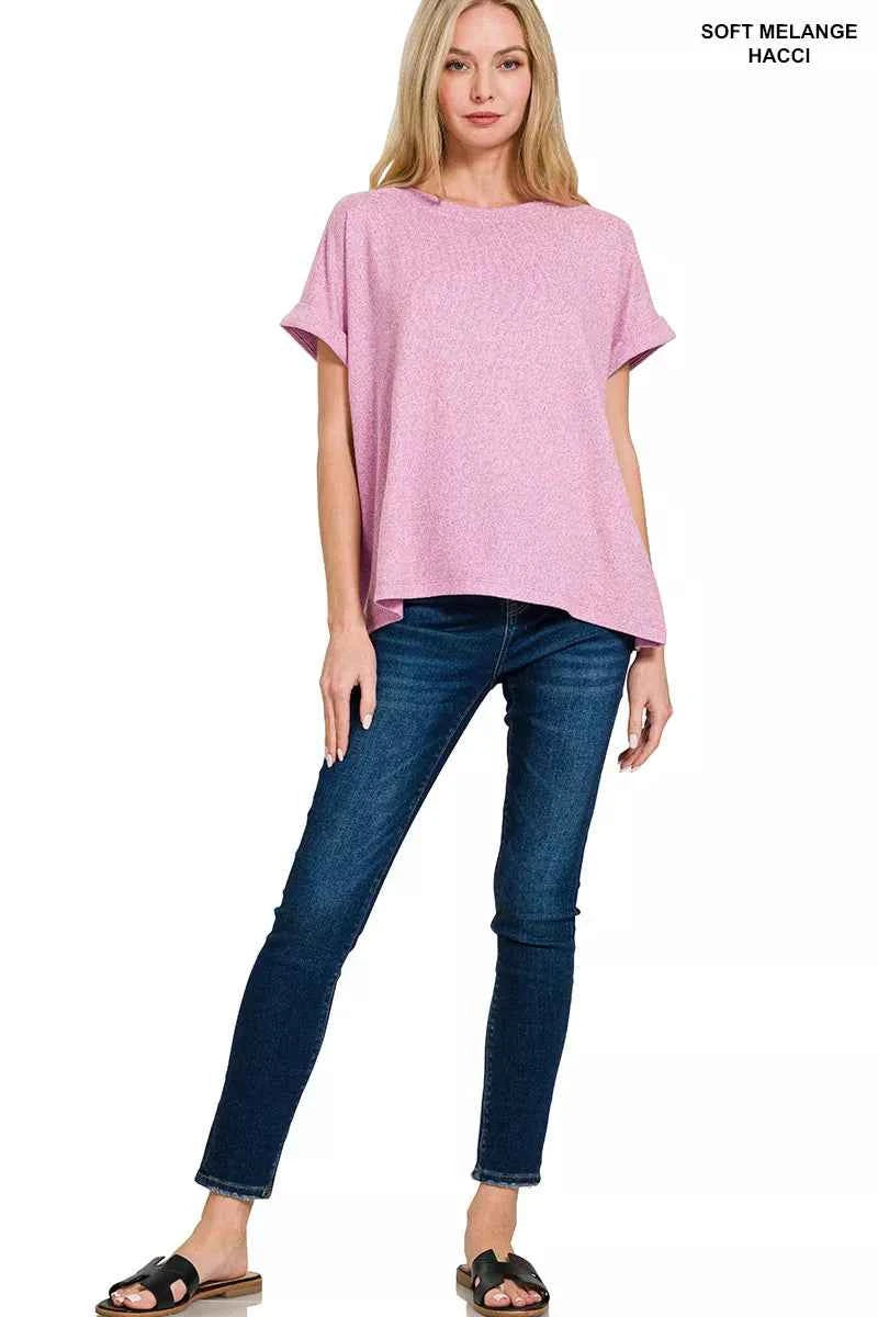 Zenana T-shirt Soft Melange Hacci Bright MauveShort Sleeve Round Neck Top c2631062-b95c-41d8-99d8-70834c93689f-Max-Origin Trendsi