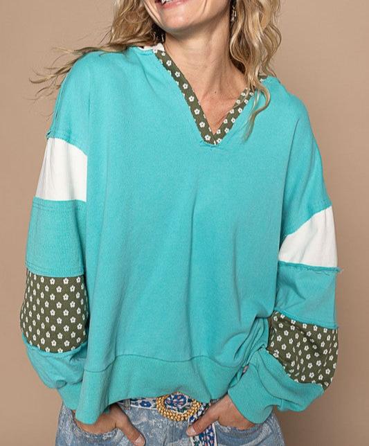 POL Women Hoodie 100% cotton Tiffany Blue Floral Patchwork French Terry