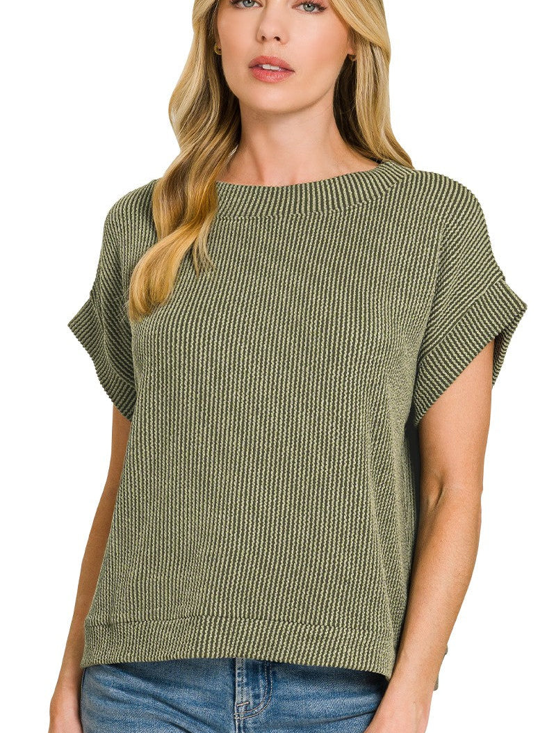 Zenana Raised Rib Cap Sleeve Top in Olive Green Textured Knit