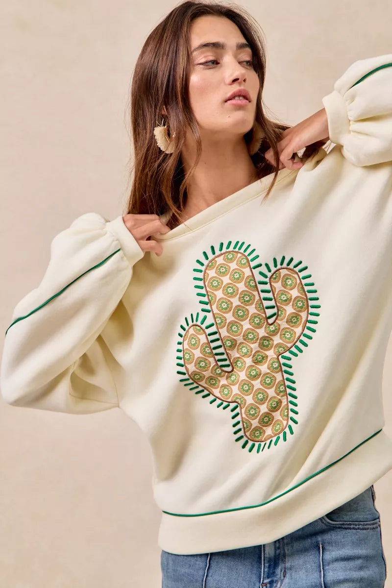 BiBi Womens Sweatshirt Cactus Embroidered Cream Fleece Pullover c26d531973a14dd4865d3836c9b3d782-Max-Origin Trendsi