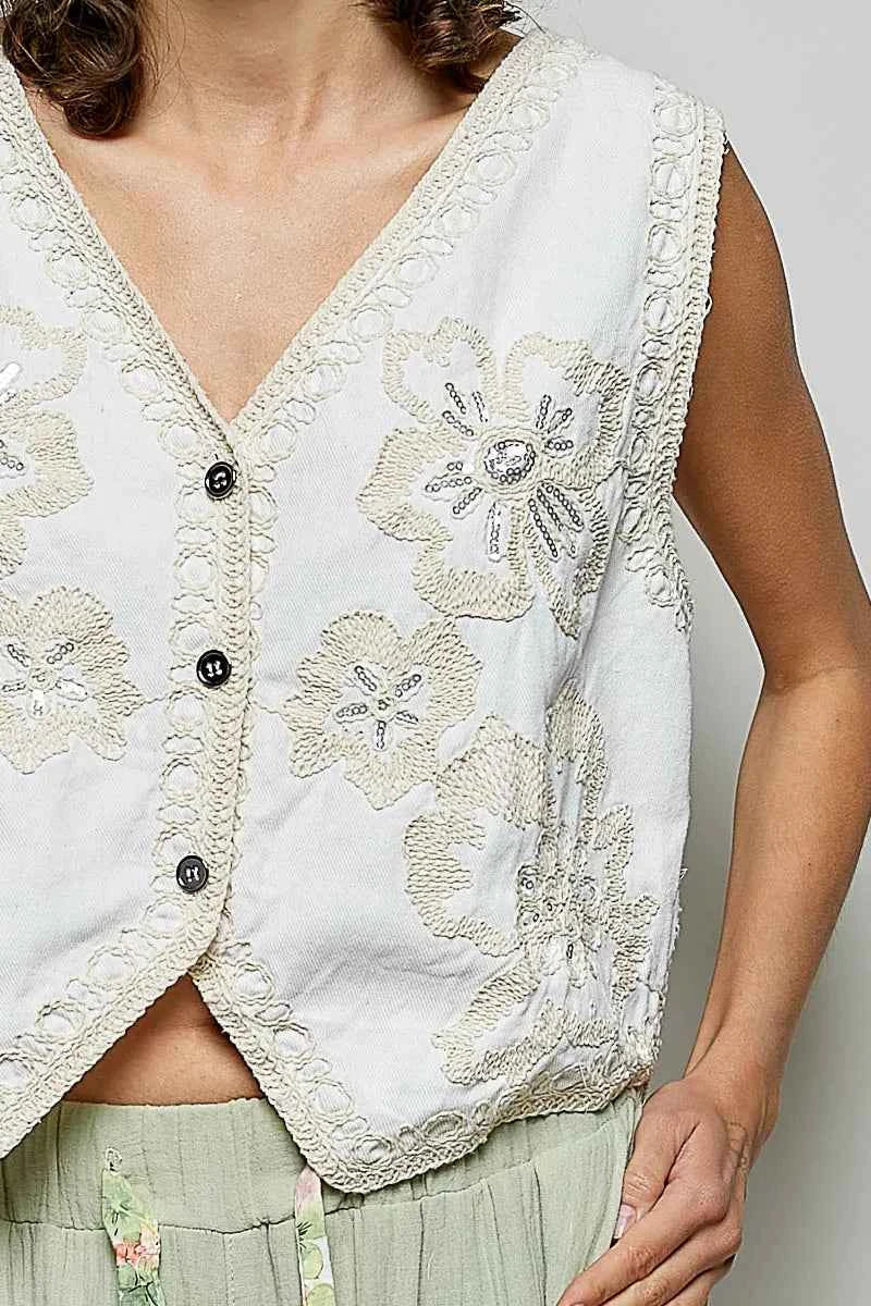 POL Embroidered Floral V-Neck Button Down Crochet Vest