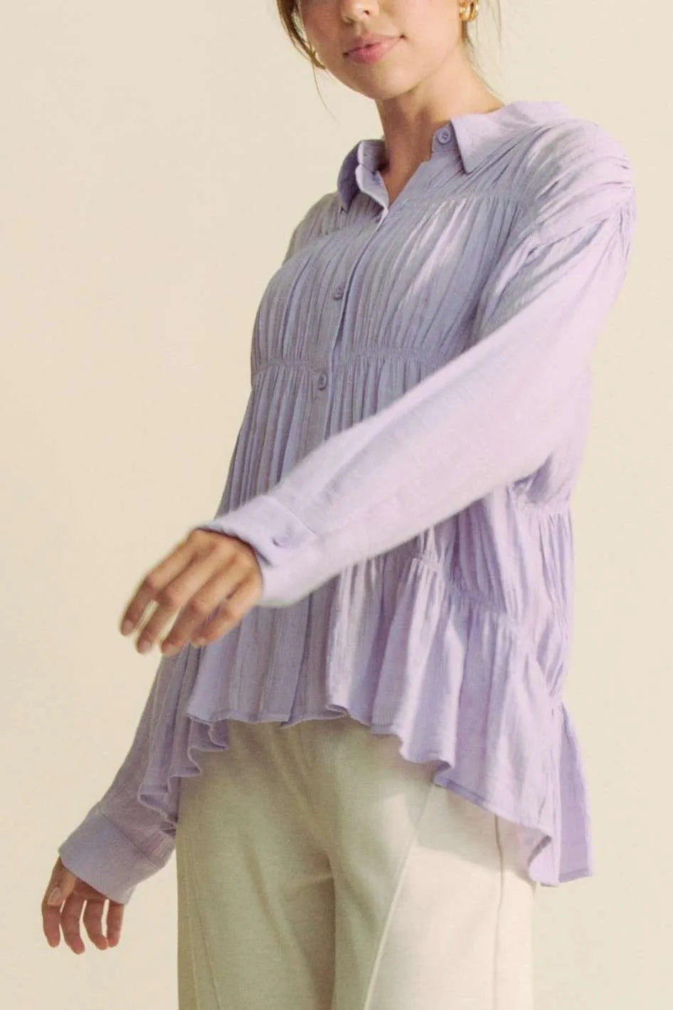 Davi & Dani Women's Shirt Ruched All Over Button Front Long Sleeve Top c273c5189e1c41a489ee6655d8e6956e-Max-Origin Trendsi