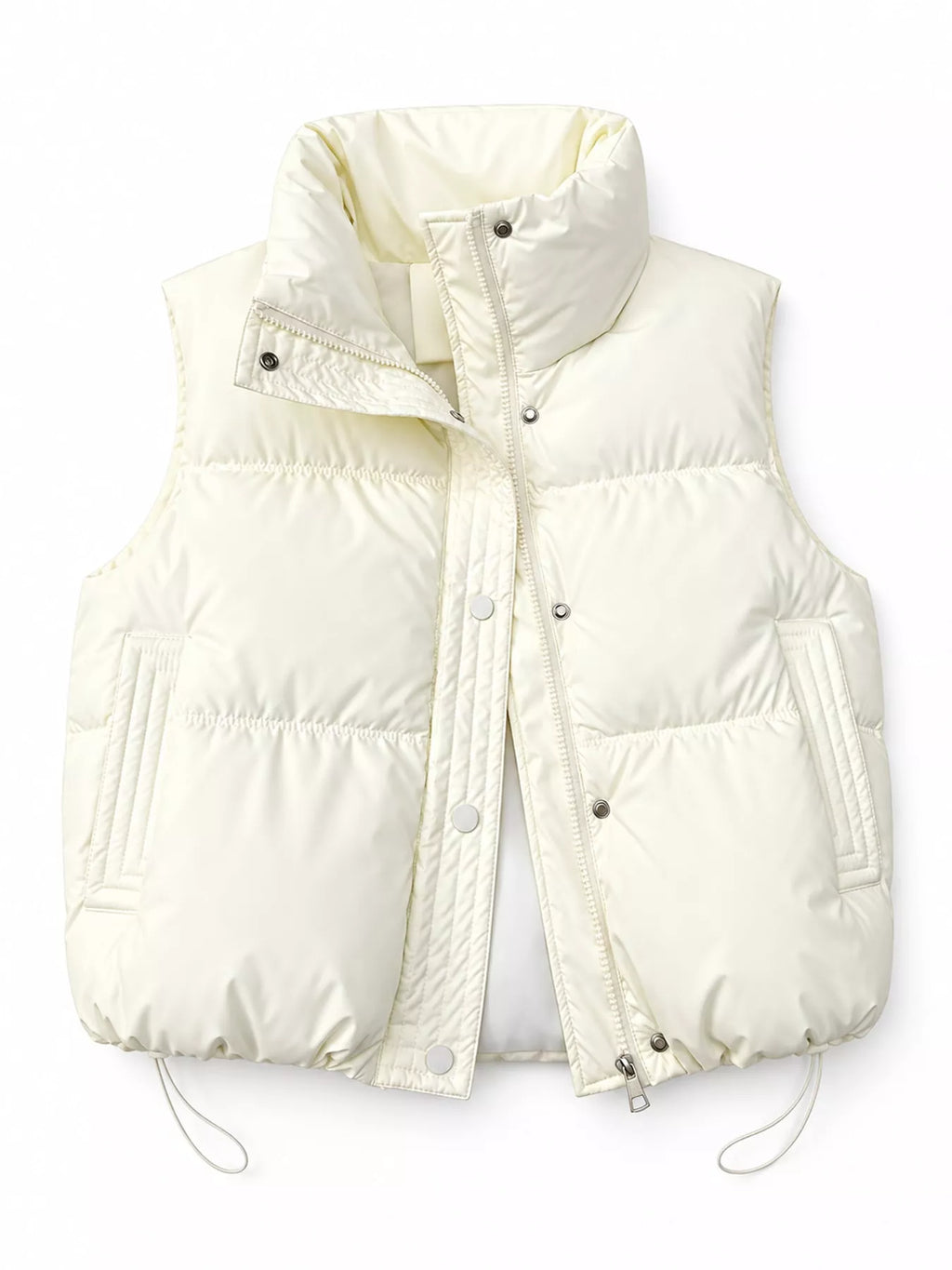 Cream colored puffer vest with vertical pockets and high stand-up collar