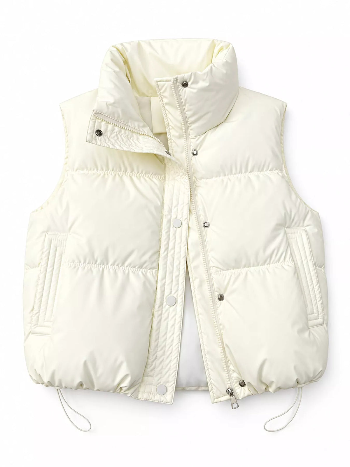Cream colored puffer vest with vertical pockets and high stand-up collar