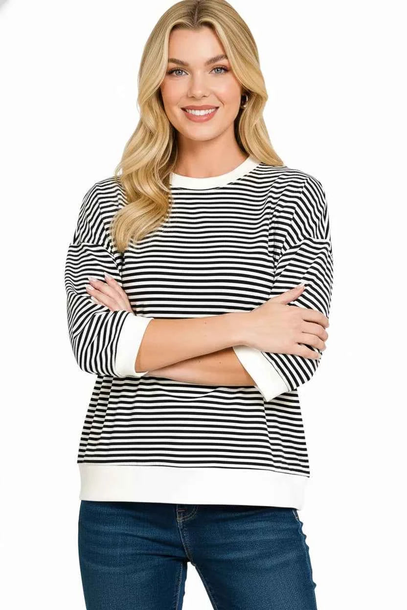 Zenana T-shirt Black Striped Contrast Trim Banded Bottom Top c275e110-e56a-420e-a72f-8b2b7744c77f-Max-Origin Trendsi