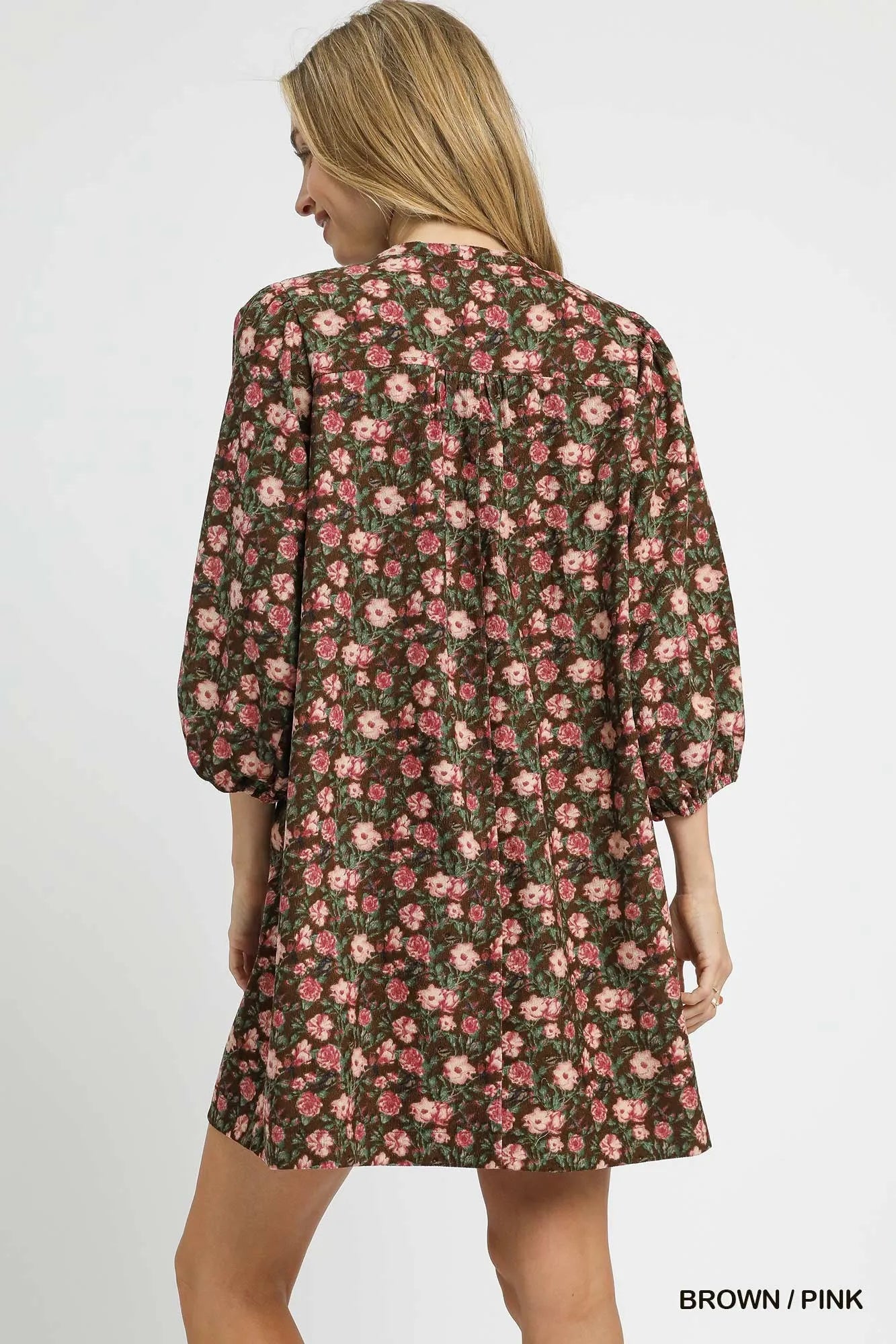 Umgee Babydoll Short Dress Brown Pink Floral Tie-Neck 3/4 Sleeve Ruched c27ffb69-1901-481f-b89d-031adc44e89b-Max-Origin Trendsi