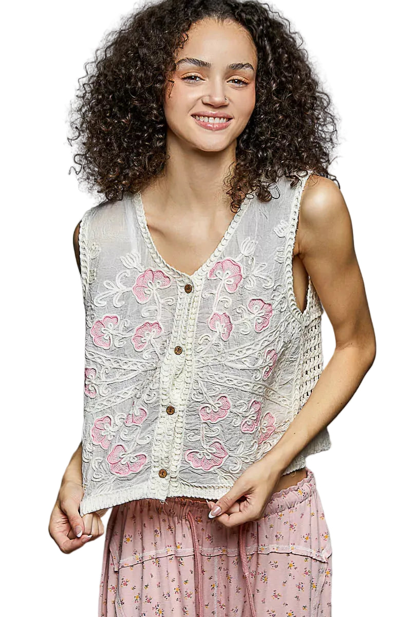 POL Floral Embroidered V-Neck Vest