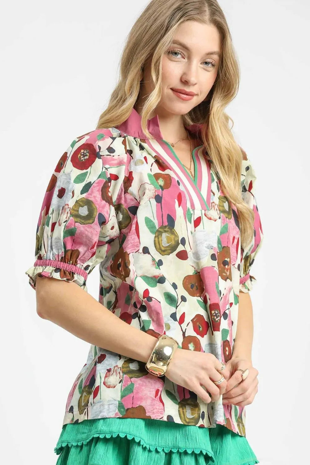 Umgee Blouse Women's Floral Print Puff Short Sleeve Oversized Top c28ba10e-36ab-4f98-b32c-4e595924244d-Max-Origin Trendsi
