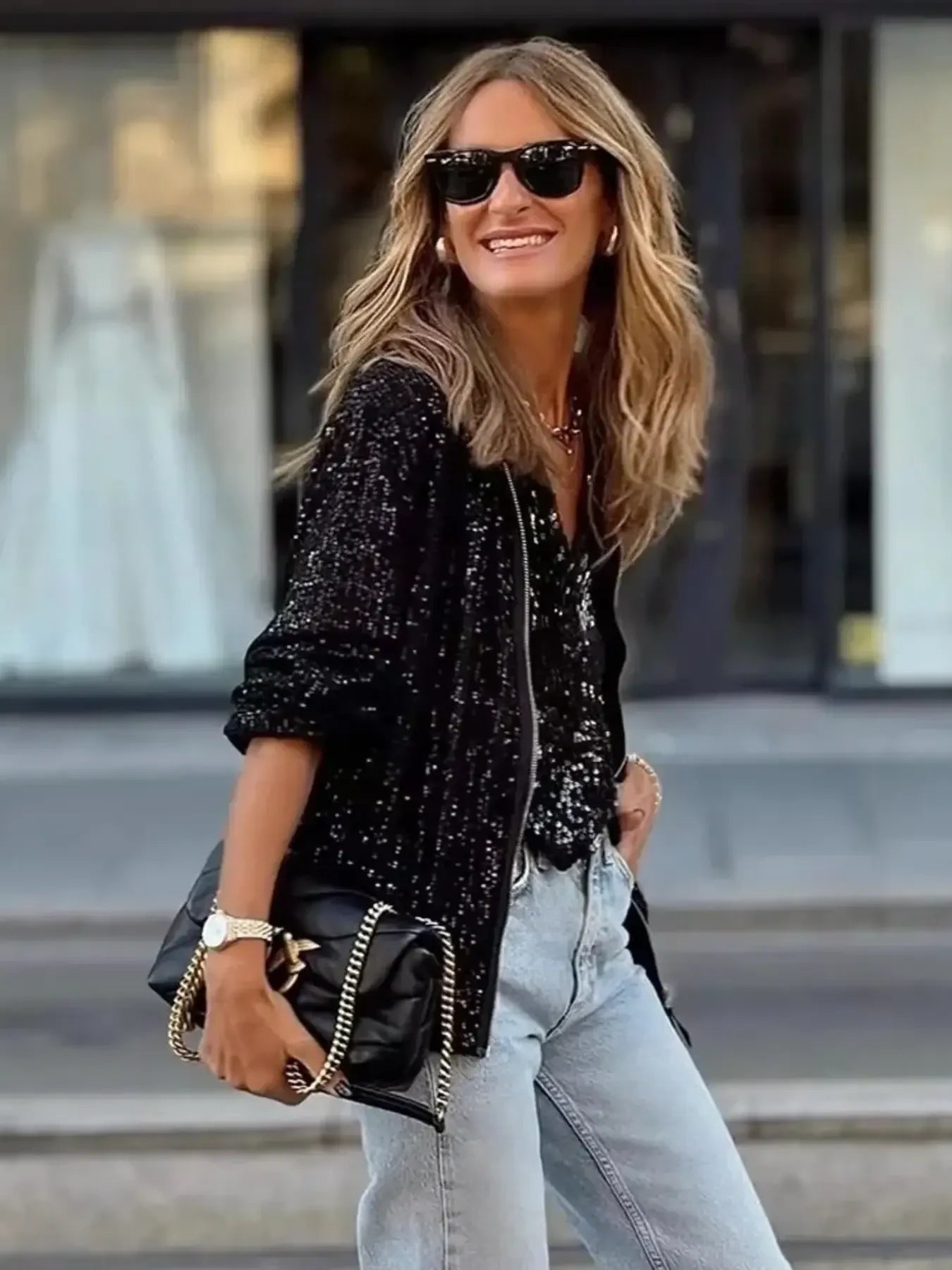 Sequin Jacket Women's Zip Up Long Sleeve Outwear Black c29a62109bd74453b14b41ed4325cdbc-Max-Origin Trendsi