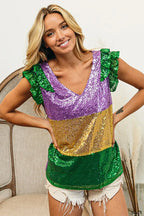 BiBi Womens Blouse Mardi Gras Sequin Color Block Ruffled Top Short Sleeve c29aaedb00a14f0f915ecb612091d4b8-Max-Origin Trendsi