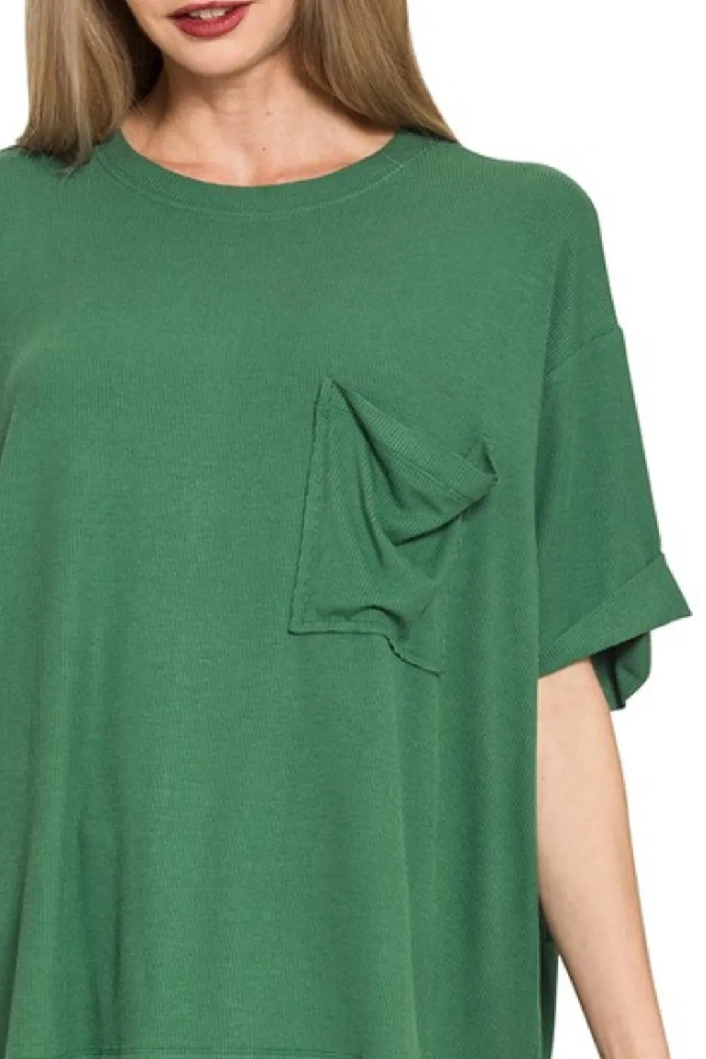 Zenana T-shirt Dark Green Oversized Ribbed Round Neck Short Sleeve Top Tee c29fa31c-a231-4a48-99c8-f9878a55a294-Max-Origin Trendsi