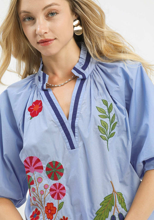 Umgee Embroidered Floral V-Neck Blouse with Puff 3/4 Sleeves