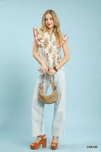 Umgee Womens Rufle Blouse Cream Block Floral Print Top Short Sleeve c2a7b9b6-63d7-4bc6-a8ce-ffc0b286d4b1-Max-Origin Trendsi