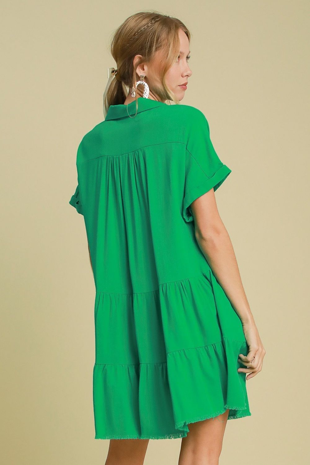 Umgee Mini Dress Green Ruffle Raw Hem Folded Short Sleeve Tiered c2af3aac-1e2d-4394-ad32-271c19f90b29-Max Trendsi